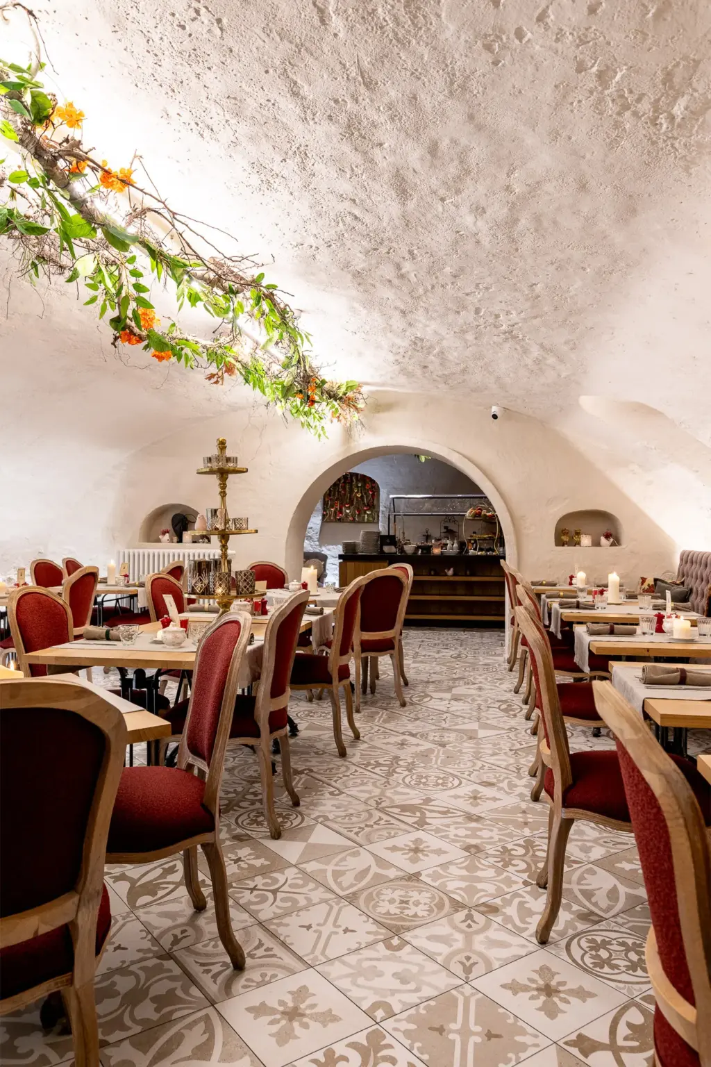 The attractive breakfast room in Hotel de castillion's medieval basement.