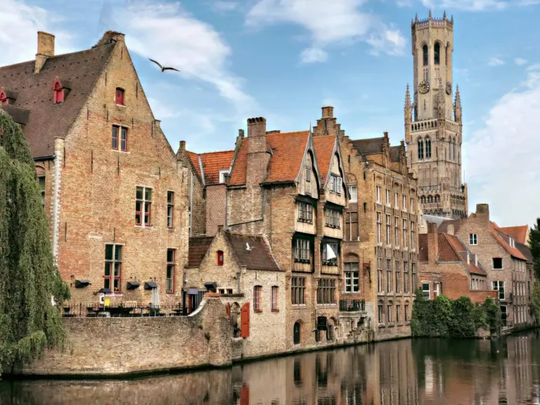 View of Bruges with historic buildings along the canal